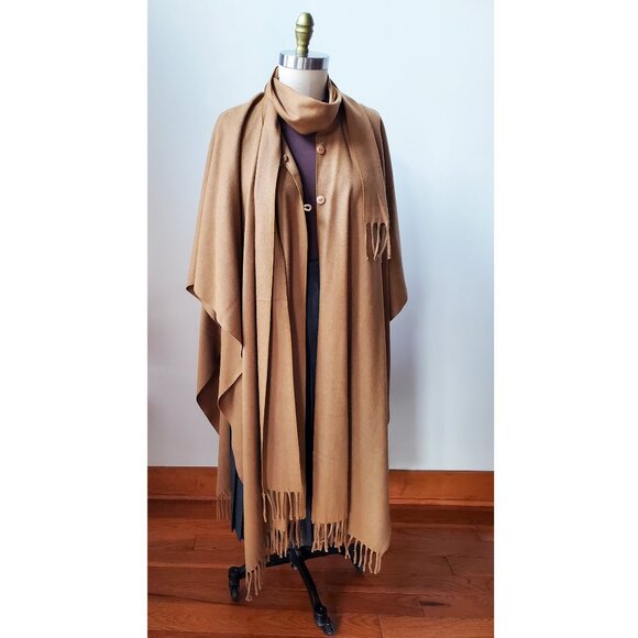 90's Camel Longline 100% Lambswool Wool Cape with Attached Scarf - Picture 3 of 5
